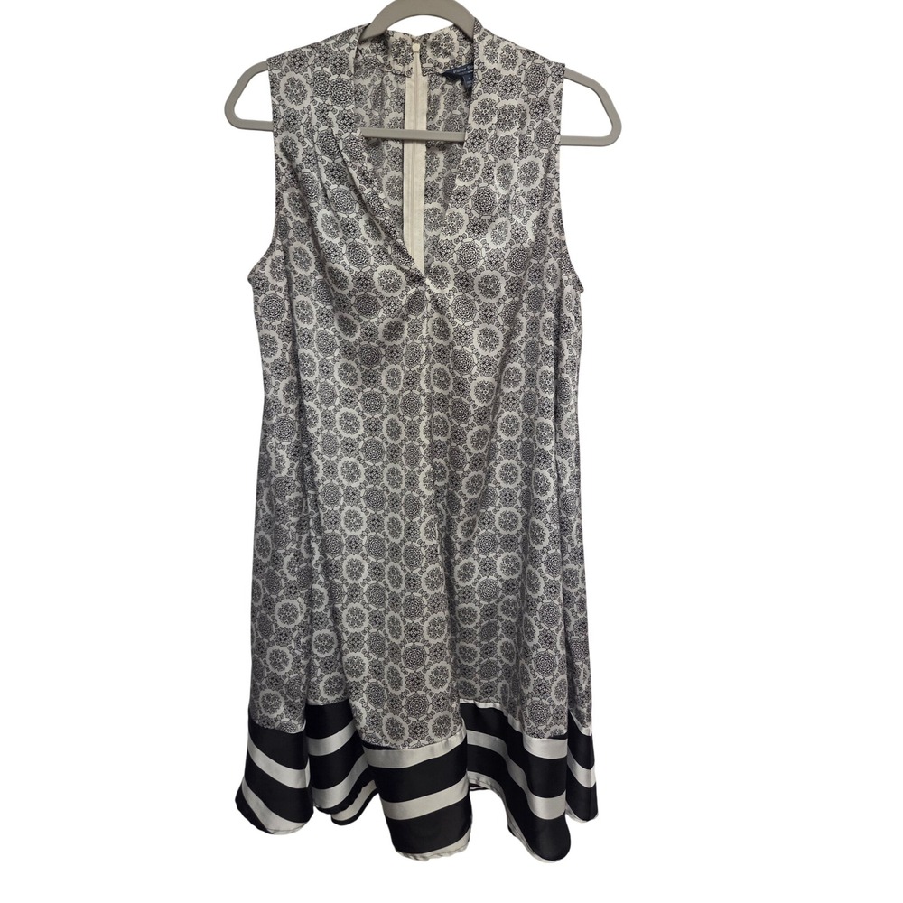 Peter Som Women's L Sleeveless Geometric Print V Neck Midi Dress Black White